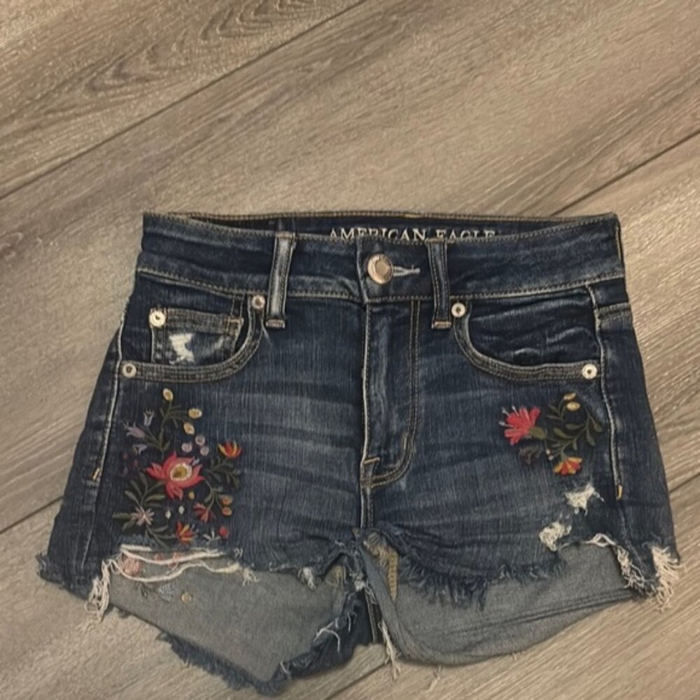 American Eagle Outfitters Blue Jean Shorts with Floral Embroidery